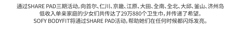 쉐어패드 3차 캠페인 활동으로 서울/인천/경기/강원/대전/전남/전북/대구/부산/제주도의 
							저소득층 한부모 가정의 소녀들에게 총 290,880개의 생리대와 함께 희망을 전달했습니다 
							쏘피 바디피트는 쉐어패드 캠페인 활동을 통해 그녀들이 
							언제나 빛날 수 있도록 함께 하겠습니다 