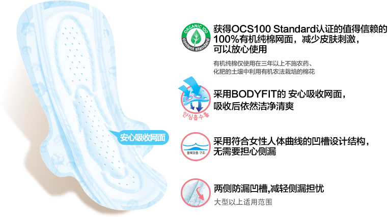 获得OCS100 Standard认证的值得信赖的
100%有机纯棉网面，减少皮肤刺激，
可以放心使用
有机纯棉仅使用在三年以上不施农药、
化肥的土壤中利用有机农法栽培的棉花

采用符合女性人体曲线的凹槽设计结构，
无需要担心侧漏

接触后立刻～吸收，干爽轻柔

两侧防漏凹槽,减轻侧漏担忧
大型以上适用范围