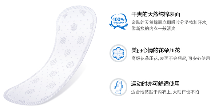 干爽的天然纯棉表面
亲肤的天然棉面立即吸收分泌物和汗水,
像新换的内衣一般清爽

美丽心情的花朵压花
高级花朵压花, 表面不会翘起, 可安心使用

运动时亦可舒适使用
适合地黏贴于内衣上, 大动作也不怕