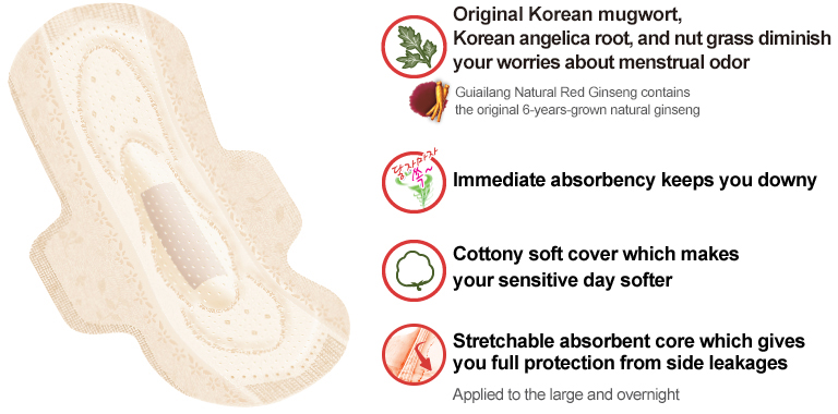 Original Korean mugwort, 
Korean angelica root, and nut grass diminish 
your worries about menstrual odor

Guiaerang Natural Red Ginseng contains 
the original 6-years-grown natural ginseng