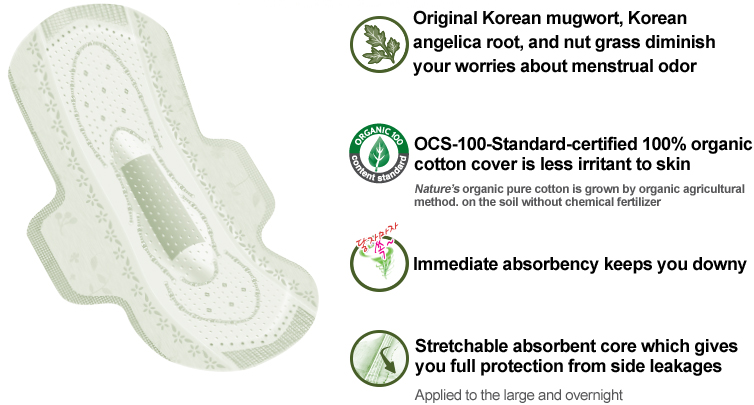 Original Korean mugwort, Korean 
angelica root, and nut grass diminish 
your worries about menstrual odor