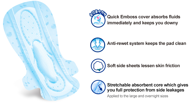 Quick Emboss cover absorbs fluids 
immediately and keeps you downy
Anti-rewet system keeps the pad clean
Soft side sheets lessen skin friction
Stretchable absorbent core which gives 
you full protection from side leakages
Applied to the large and overnight
