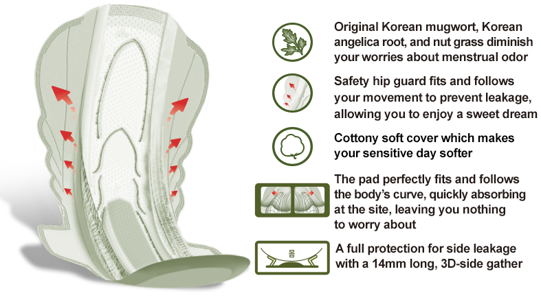 Original Korean mugwort, Korean 
angelica root, and nut grass diminish 
your worries about menstrual odor

Safety hip guard fits and follows 
your movement to prevent leakage, 
allowing you to enjoy a sweet dream

Cottony soft cover which makes 
your sensitive day softer

The pad perfectly fits and follows 
the body’s curve, quickly absorbing 
at the site, leaving you nothing 
to worry about

A full protection for side leakage 
with a 14mm long, 3D-side gather