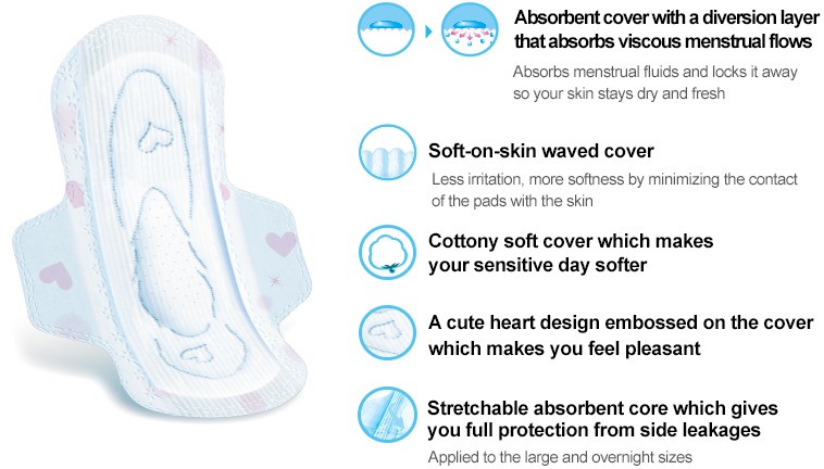 Absorbent cover with a diversion layer 
that absorbs viscous menstrual flows

Absorbs menstrual fluids and locks it away 
so your skin stays dry and fresh