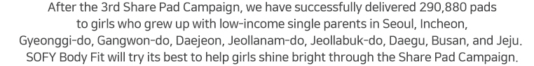 쉐어패드 3차 캠페인 활동으로 서울/인천/경기/강원/대전/전남/전북/대구/부산/제주도의 
							저소득층 한부모 가정의 소녀들에게 총 290,880개의 생리대와 함께 희망을 전달했습니다 
							쏘피 바디피트는 쉐어패드 캠페인 활동을 통해 그녀들이 
							언제나 빛날 수 있도록 함께 하겠습니다 