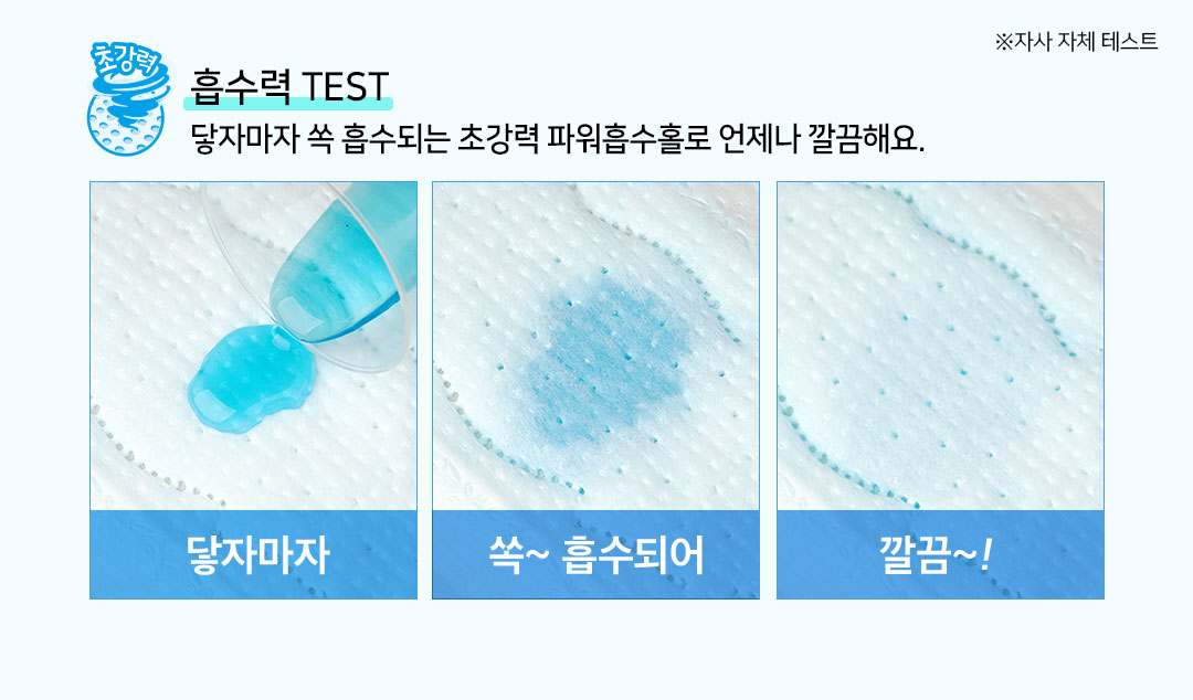 흡수력 TEST 닿자마자 쏙 흡수되는 초강력 파워흡수홀로 언제나 깔끔해요. 닿자마자 쏙~ 흡수되어 깔끔~!