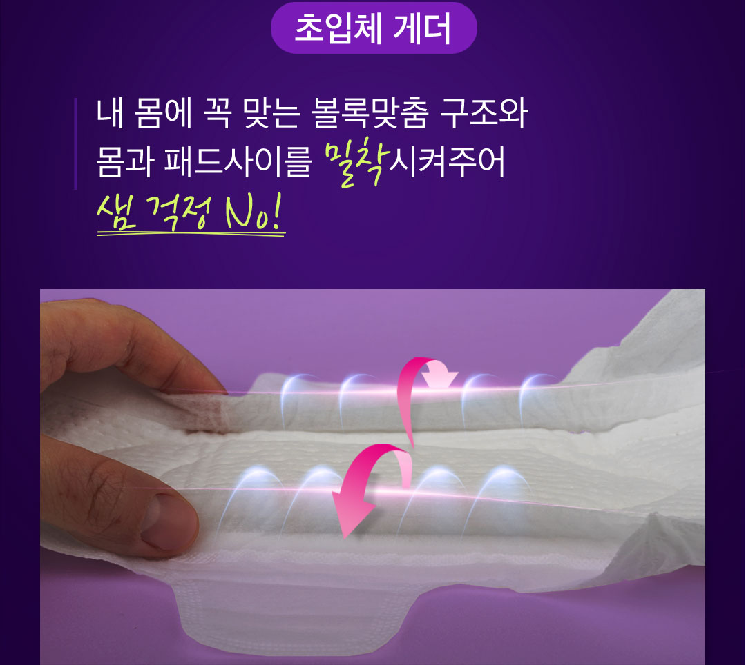 초입체 게더 내 몸에 꼭 맞는 볼록맞춤 구조와 몸과 패드사이를 밀착시켜주어 샘 걱정 No!